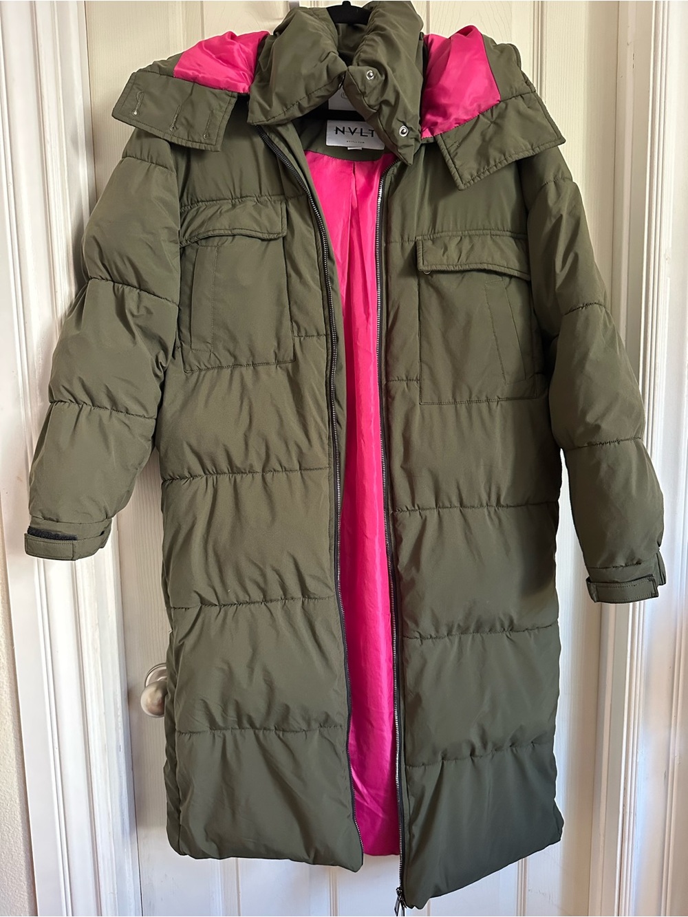 NVLT Olive Green Puffer Coat with Pink Lining